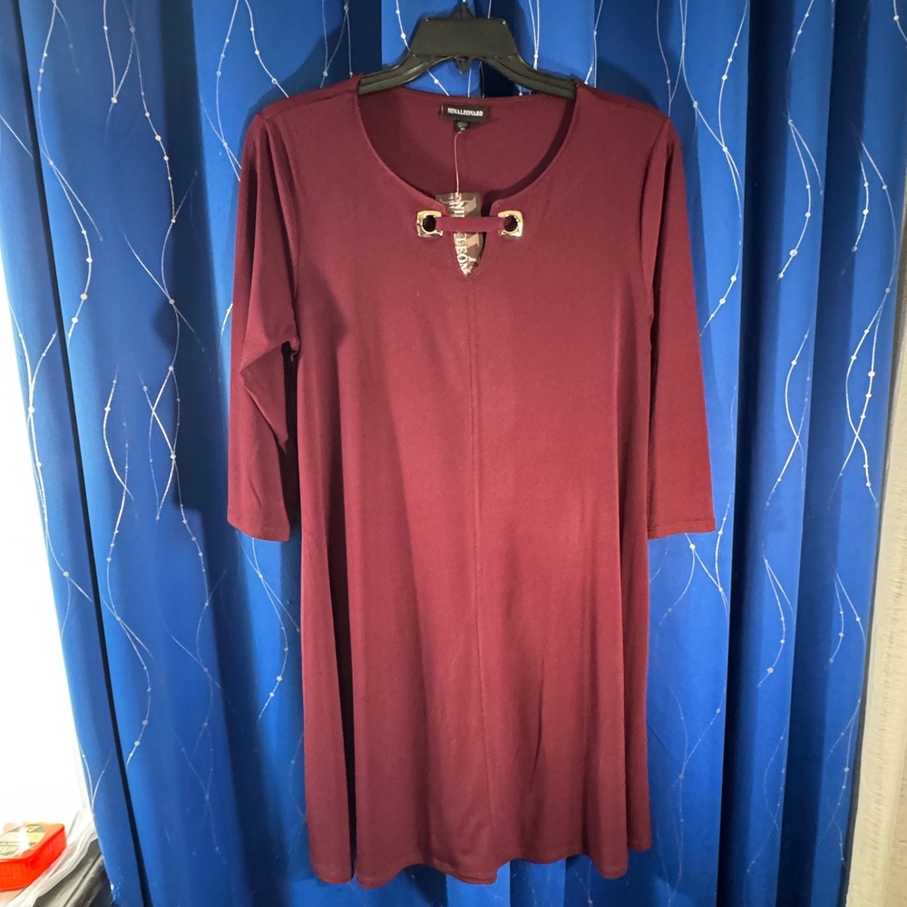 Nina Leonard Burgundy Knit V Neck Gold Ring Detail 3/4 Sleeve Tunic Dress XL